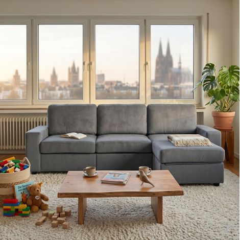 Ecksofa 245,5 cm in Grau mit Stauraum, flexibel montierbarer Ottomane und Taschenfederkern (1/5)