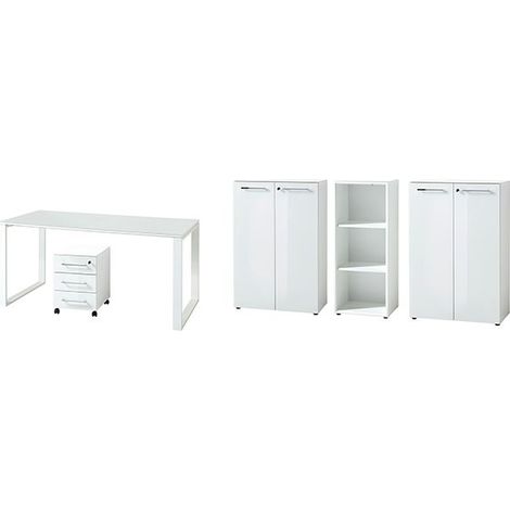 Büromöbel Set weiß mit Glasfronten MONTERO-01 Schreibtisch mit Container B x H x T ca.: 210 x 120 x 37 cm (1/5)
