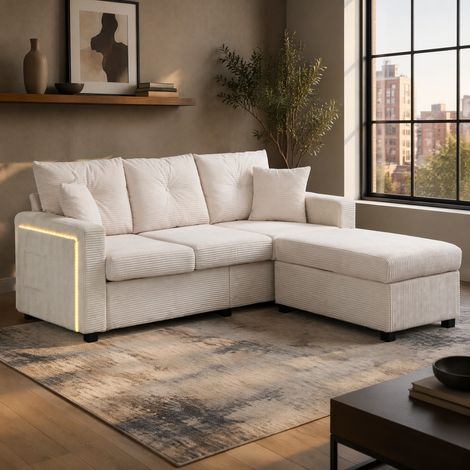 Sofá rinconera 98 cm beige con LED, tejido de pana y puf multifunción (1/5)
