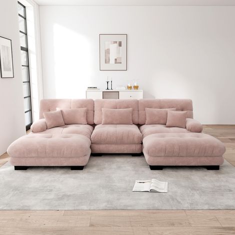 Divano angolare modulare 313 x 145 x 81 cm in ciniglia rosa con ottomano DESVIAE (1/5)