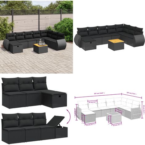 Set Divani da Giardino 9 pz con Cuscini Nero in Polyrattan - Sedute da esterno - Cuscini da giardino