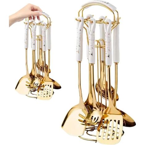 Ustensiles de Cuisine Ustensiles Ustensiles en Or Inoxydable Ensemble des ustensiles pour Cuisson avec Porte-Lave-Vaisselle (1/5)