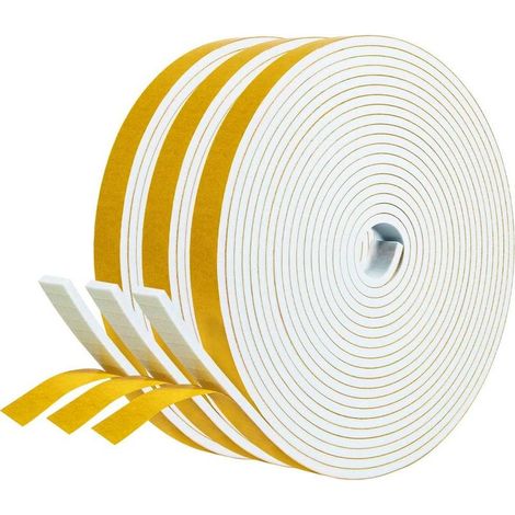 Joint adhésif Porte entree Fenetre 3 rouleaux 12mm x 3mm x 5m Joint Isolation en Mousse Caoutchouc Joint Antichoc Contre courants d'air Protection Meuble Mur Poignée -Mousse blanc film jaune (1/5)