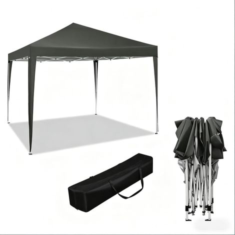 Pavillon pliant 3x3 m avec toile Oxford 210D imperméable et cadre métallique réglable en hauteur, gris foncé (1/5)