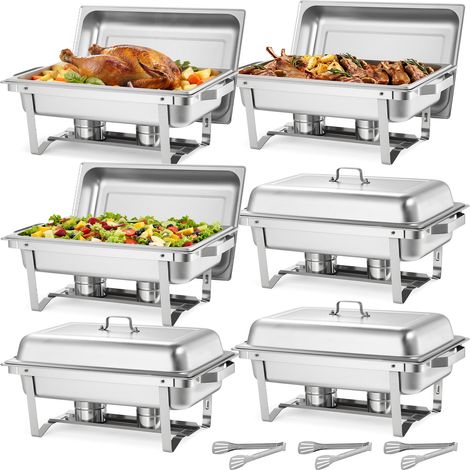 VEVOR Set di Scaldavivande Rettangolari da 8,5 L 6 Pezzi, Contenitori Riscaldanti per Buffet con Manico e 3 Pinze per Alimenti e Coperchio e Porta Combustibile, Adatti per Banchetti, Feste
