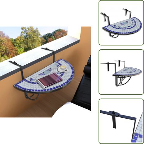 Table suspendue de balcon Bleu et blanc Mosaïque - Table De Balcon - Table Suspendue - Mobilier De Jardin - Table Ronde - Table Extérieure