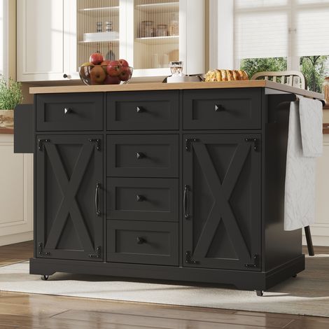 Îlot de cuisine premium en bois, desserte roulante avec grand rangement, buffet mobile polyvalent, chariot de service pour salle à manger, salon ou cuisine, noir (1/5)