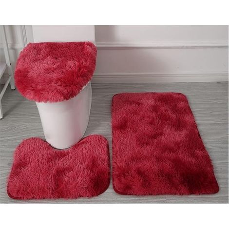 3-teiliges Set bestehend aus einem WC-Sitzbezug, einer grau-roten Badematte und einer Fußmatte. (Farbe: Burgunderrot) (1/5)