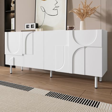 Credenza bianca 160x38,5x70 cm con 4 ante, vano portaoggetti e gambe in metallo (1/5)