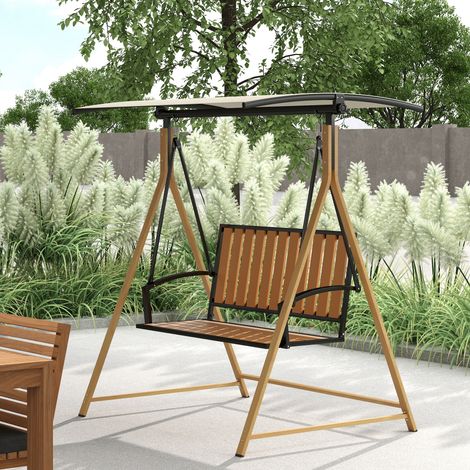 Balancín de Jardín Exterior de 2 Plazas con Toldo Ajustable y Estructura de Metal 142x112x162 cm Madera Natural y Beige (1/5)