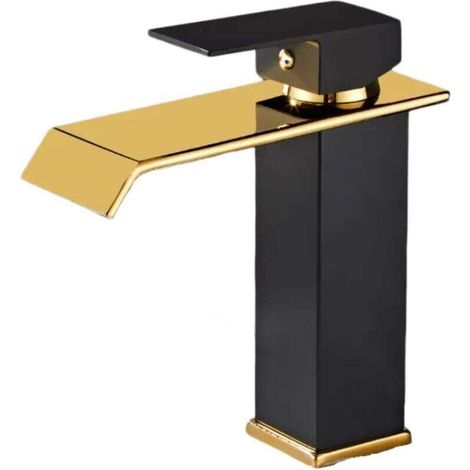 Schwarzer Waschtischarmatur, Wasserfallauslauf mit Kupferkern, moderne Einhebel-Waschtischarmatur, geeignet für Waschtische, elegant und langlebig (kurze Ausführung in Schwarz und Gold).