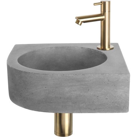 Differnz Cleo kit lave-mains - 31,5x31,5x10cm - quart de rond - 1 trou de robinet - robinet droit en or mat - Gris béton (1/5)