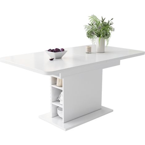 Ensemble table à manger extensible avec 6 chaises en velours beige, rangement central et piètement métal pour salle à manger moderne CHICFURN (1/5)