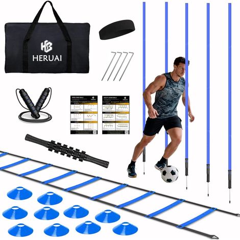 Football Training Kit Coordination Ladder Football Training Accessories with 6m Adjustable Training Ladder, 5 Slalom Bars, 10 Cones, Skipping Rope (1/5)