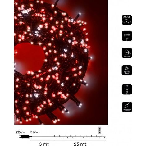 Catena luminosa bicolore Natale 500 led 25 mt serie luminosa natalizie cavo verde albero feste luce bianco rosso blu calda Bianco- Rosso