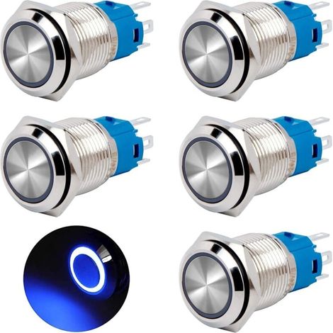 16mm 12V/24V DC 3A Waterproof Chrome Brass Momentary Push Button Switch with Blue LED Light Ring, 5pcs MUMU (1/4)
