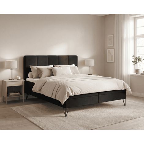 Emporius Lit continental 140x200 Riviera - 15 cm pieds, matelas H3, lit avec rangement - velours, Noir (1/5)