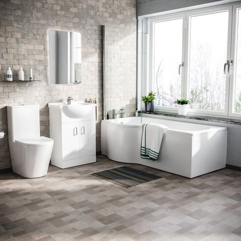 Warton P-Shaped Left Handed Bath + Bath Screen, 550mm Floor Standing Vanity Unit and Close Coupled Toilet Suite (1/5)