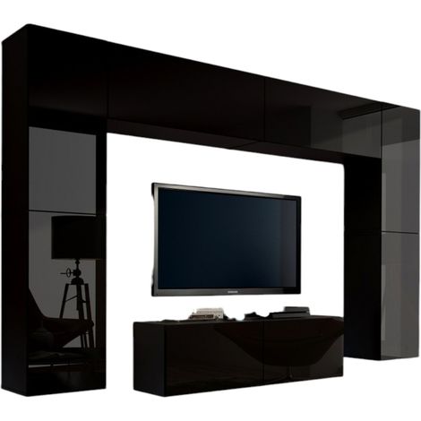 Set di mobili da soggiorno neri sospesi collezione CEPTO III 256cm, 8 porte, 8 scaffali, led, modulabili. (1/5)