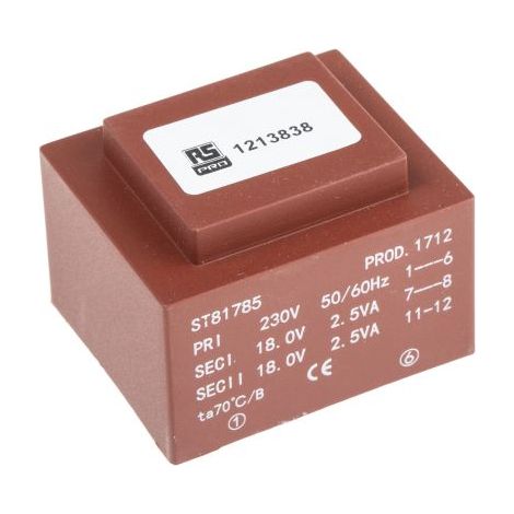 Transformateur pour circuit imprimé, Vin V c.a., Vout 2 x 18V c.a., 2 sorties, 5VA ( Prix pour 1 )