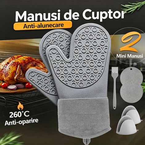 7-teiliges Ofenhandschuh-Set, bestehend aus 2 Mini-Handschuhen und 2 Platzsets. Rutschfest und hitzebeständig, mit Kordelzug, aus Baumwolle/Silikon, grau. (1/5)