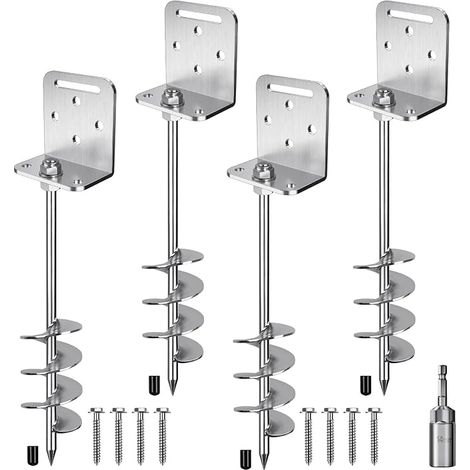 4 Pack 18" Solid Steel 10mm Heavy Duty Ground Anchors with L-Bracket for Trampoline, Mobile Home, Shed, Shelter Tent, Anchor Fence, 2.7" Helical Blade (1/5)