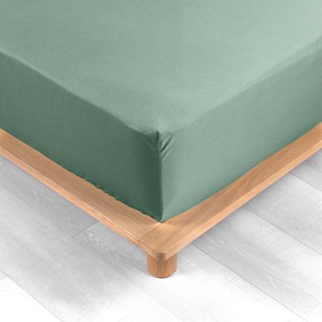 Drap housse - 180 x 200 cm - Percale - 78 fils - Uni - Sauge (1/5)