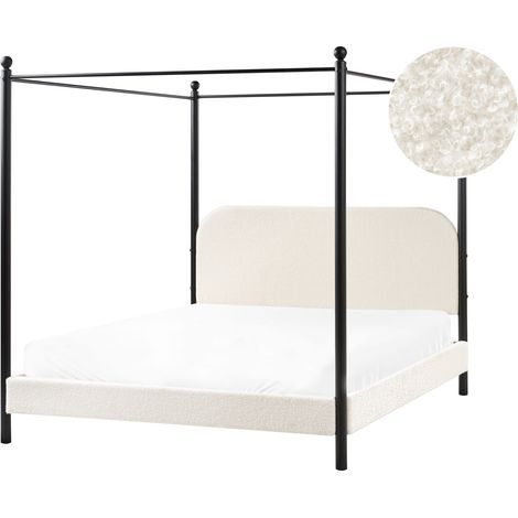 Letto a baldacchino retrò minimalista UE 160 x 200 cm Telaio in metallo nero Doghe in legno di pioppo Boucle Rivestimento bianco sporco Dannemois