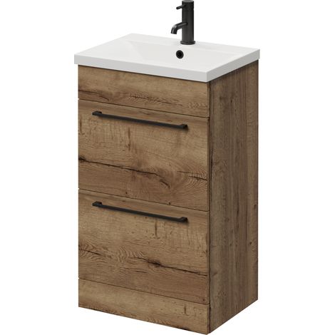 Napoli 390 Tobacco Oak 500mm 2 Drawer Vanity Unit with Glide Basin - 500mm - Matt Black 320mm Handle