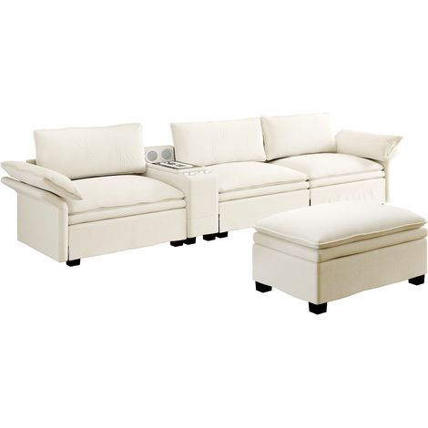 Canapé modulaire en chenille beige/blanc avec ottomane, éclairage, haut-parleurs Bluetooth et station de charge sans fil, 315 cm (1/5)