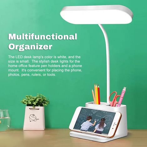 Ortviai Lampe de bureau réglable avec support à stylos et 3 modes d’éclairage, LED rechargeable, blanc, modèle SD-825