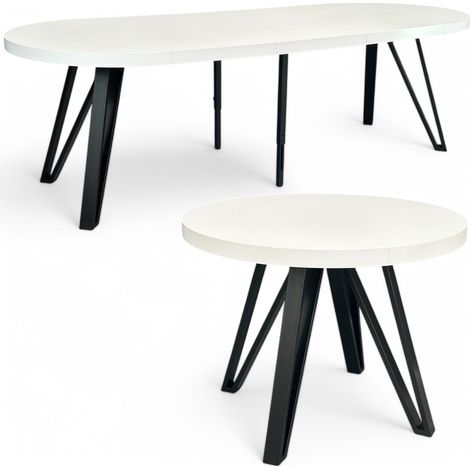 Großer runder Esstisch Ausziehbar Weiß Halbmatt Ø110/310 cm mit Schwarzen Metallbeinen (1/5)