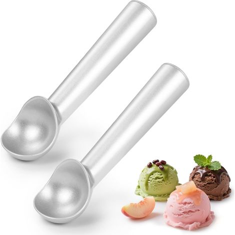 IJsschep ijslepel, portioneerder, 2 stuks, 18 cm, ijsbalverdeler, met antiaanbaklaag, gemakkelijk te reinigen, robuuste ijsballenvorm voor hard ijs, gelato, koekjesdeeg, sorbet, zilver (1/5)