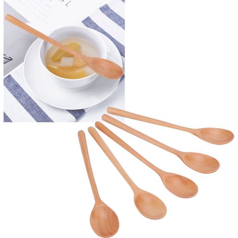 5 cuillères en bois à manche long pour soupe, barbecue, camping, fête et cuisine - Couleur bois naturel