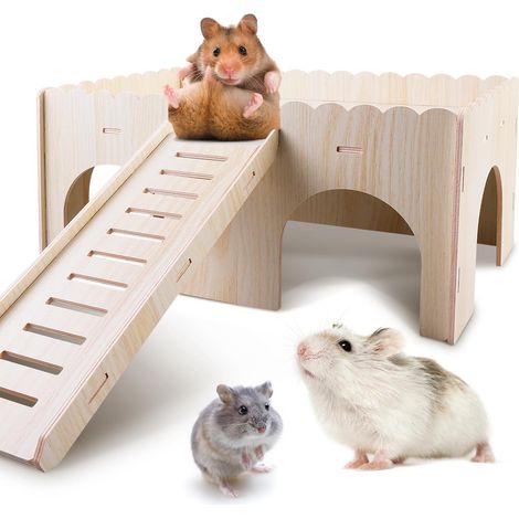 Grande maison pour cochon d'Inde avec rampe 4 entrées : maison de hamster en bois, cochon d'Inde Accessoires pour chinchilla, hamster, lapin, furet, lapin, amovible 34 x 24 x 18 cm (1/5)