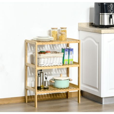 Scaffale bagno in bambù naturale, stile minimal, 3 ripiani a doghe, a terra, 62 x 33 x 80 cm (1/5)