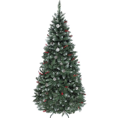 Sapin de Noël 210 cm d'intérieur, 928 branches, cônes et baies rouges, pied métallique, vert (1/5)