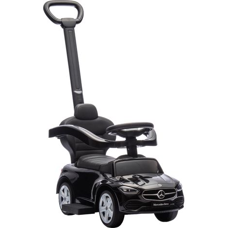 Lizenziertes Mercedes-Benz Kinder-Elektroauto, Schiebeauto mit abnehmbarem Griff, schwarz, Maße 91x40x83 cm, Fahrspielzeug für Kleinkinder.