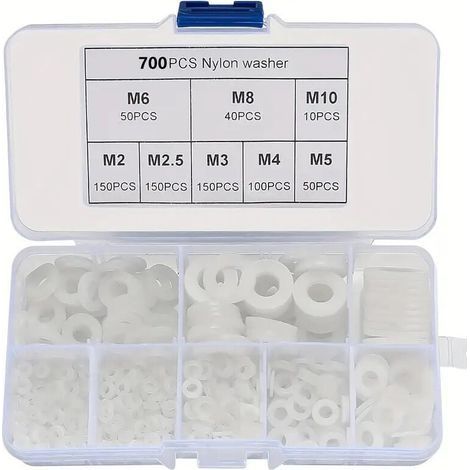 700 Pièces Blanc Nylon Rondelles Plastique, Isolation Rond Rondelle plate Assortiment Kit, M2 M2.5 M3 M4 M5 M6 M8 M10 Rondelle pour Mécanique (1/4)