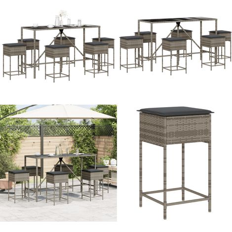 7-tlg. Gartenbar-Set mit Kissen Grau Poly Rattan - Gartensets - Gartenmöbel - Esstisch - Barhocker - Outdoor Furniture - Home & Living (1/5)