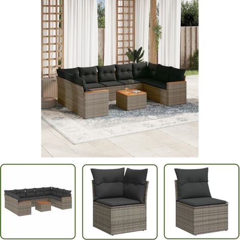 The Living Store 10-tlg. Garten-Sofagarnitur mit Kissen Grau Poly Rattan - Gartenmöbel Set - Outdoor Lounge - Rattan Gartenset - Esstisch Set - Balkonmöbel (1/5)