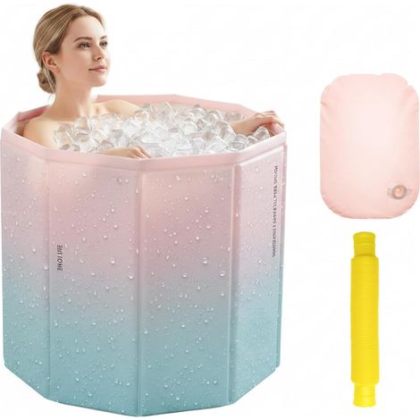 Baignoire Portable Pliable Adulte, Baignoire de Trempage pour Bain Froid et Chaud, Rapide à Plier, avec Coussin de Siège Rempli D'eau, Douche, Spa, Sauna, 70 65CM, Vert Rose (1/5)