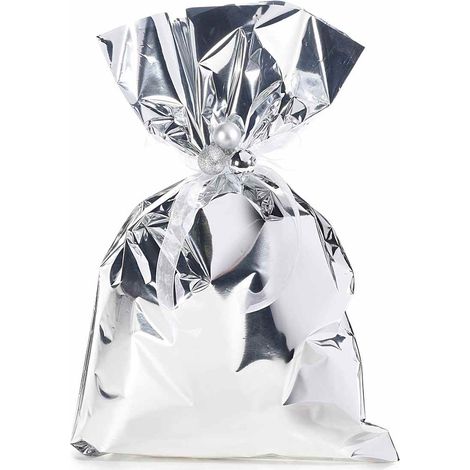 Busta a sacchetto regalo metallizzata argento lucido. Ideale per confezioni regalo, set da 50 pezzi, cm 25 x 40 H