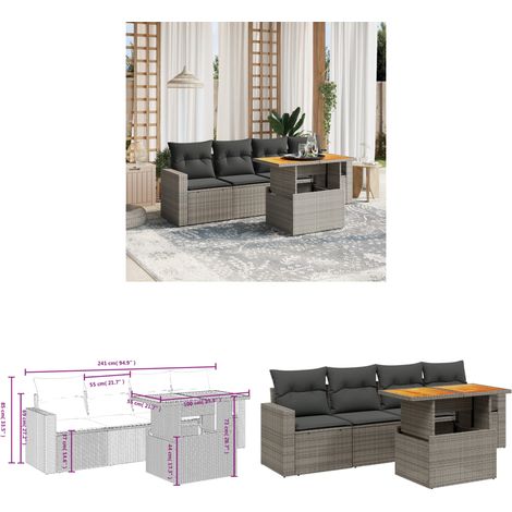 Salon de jardin 5 pcs avec coussins gris résine tressée - Ensemble Salon De Jardin - Salon Extérieur - Meuble De Jardin - Résine Tressée - Rotin Synthétique - Home & Living (1/3)