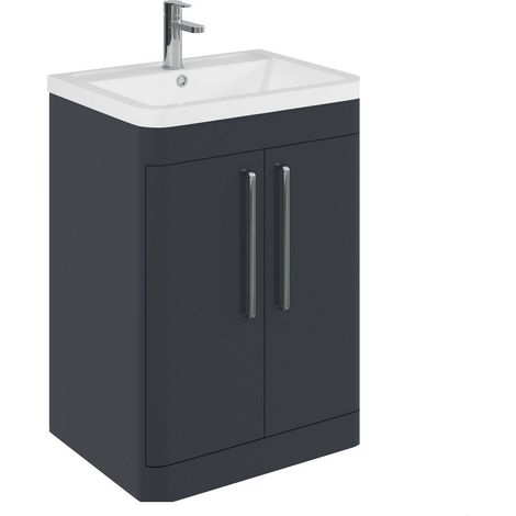 Balterley Calwich Contemporary Bathroom Floor Standing Vanity Unit with 2 Soft Close Doors & 1 Tap Hole Cermic Basin, Dark Grey, 600mm