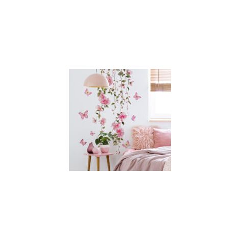 Vinilo decorativo de pared con diseño de enredadera de flores rosas, resistente al agua y fácil de pegar, con diseño floral de mariposas para sala de estar y dormitorio - Crezuo