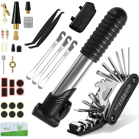 34PCS Kit Reparation Velo Kit Crevaison Velo avec Mini Pompe 120 PSI Kit Reparation Pneu Velo avec Outils Multifonction Pièce pour Bicyclette VTT Cyclisme (1/5)