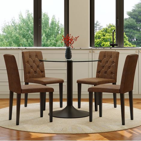 Conjunto de mesa y 4 sillas, mesa redonda de cristal 85 cm, marrón y negro HAVRYA (1/5)