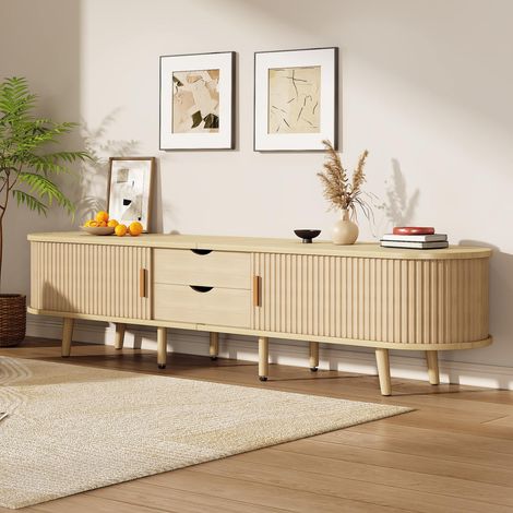 Meuble tv 175x40x42 cm en mdf avec 2 tiroirs et plateau arrondi, meuble bas fonctionnel (1/5)