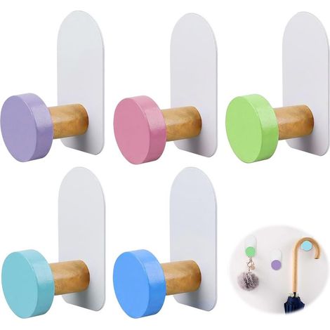 Lot de 5 crochets muraux autocollants colorés (sans perçage) pour chambre d'enfant, cuisine, salle de bain et salon (5 couleurs) (1/5)